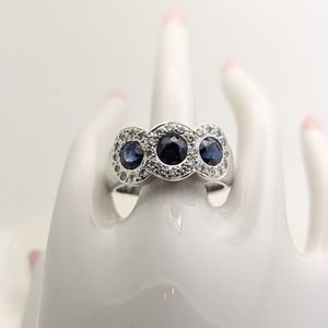 Gorgeous Three Stone Sapphire Diamond Halo Ring 18K White Gold